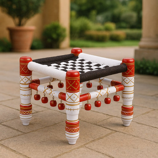 Hand-Painted Wooden Chowki Khatli Stool Bajot – Perfect for Balcony, Living Room, and Garden