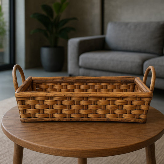 IRA Multipurpose Cane Basket Tray – Handwoven Decorative Wicker Picnic Basket & Storage Tray (17x9x3.5 Inches, Brown)