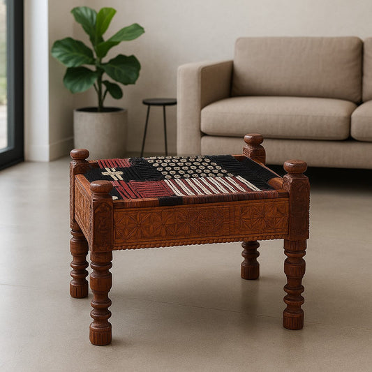 Buy Wooden Blue and White Chair & Bajot Set – Handcrafted Low Height Chairs for Pooja Room, Balcony, and Garden Seating