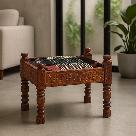 Buy Wooden Blue and White Chair & Bajot Set – Handcrafted Low Height Chairs for Pooja Room, Balcony, and Garden Seating