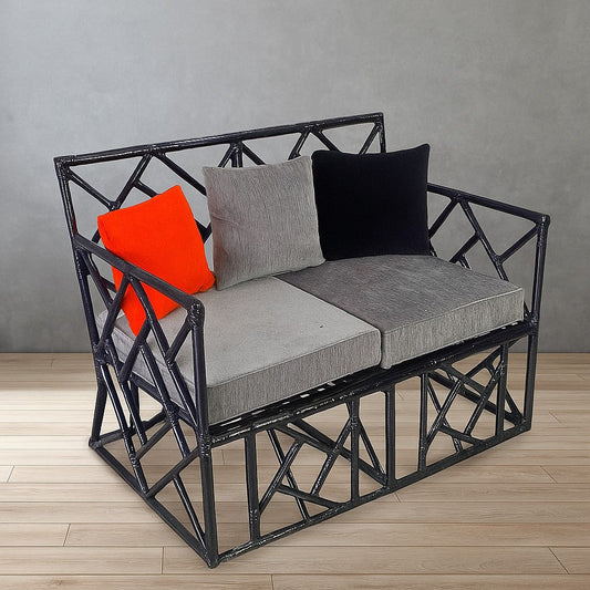 IRA 2 Seater Rattan Sofa with Cushions | Handmade Cane Wicker Wooden Sofa | Black Polish Finish