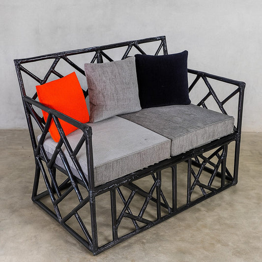 IRA 2 Seater Rattan Sofa with Cushions | Handmade Cane Wicker Wooden Sofa | Black Polish Finish