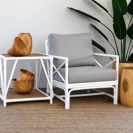 IRA Armchair with Table – White Cane Armchair & Rattan Furniture for Living Room & Outdoor Seating