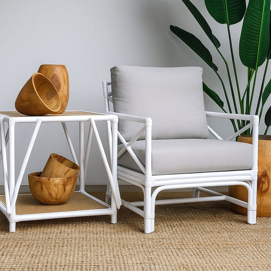 IRA Armchair with Table – White Cane Armchair & Rattan Furniture for Living Room & Outdoor Seating