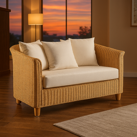 IRA Rattan Wicker 2 Seater Sofa Furniture – Natural Wooden Frame, Comfortable Long Bottom Cushions, Customizable