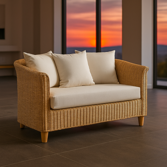 IRA Rattan Wicker 2 Seater Sofa Furniture – Natural Wooden Frame, Comfortable Long Bottom Cushions, Customizable