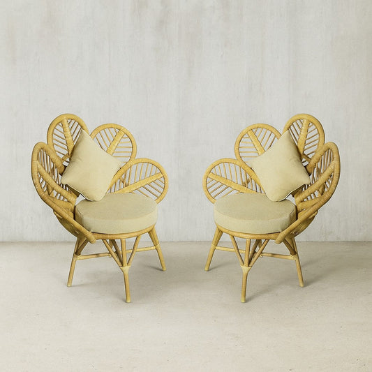 IRA 2 Piece Vintage Cane Chairs Set | Handmade Rattan Lounge Chairs with Cushions for Living Room, Balcony, Patio & Garden