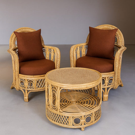 IRA Cane Chair-Table Set for Balcony & Garden | 2 Rattan Chairs + 1 Center Table | Vintage Bohemian Outdoor Furniture