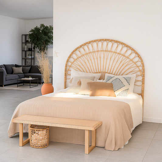 IRA Cane Bed Headboard | Handmade Wooden Rattan Bed Design | Bohemian & Rustic Bedroom Furniture India | Custom Wooden Cane Headboard King, Queen, Double Bed