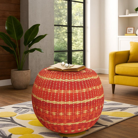 IRA Designer Coffee Table Stool | Handmade Round Rattan Pouf | Eco-Friendly Multi-Color Woven Cane Stool