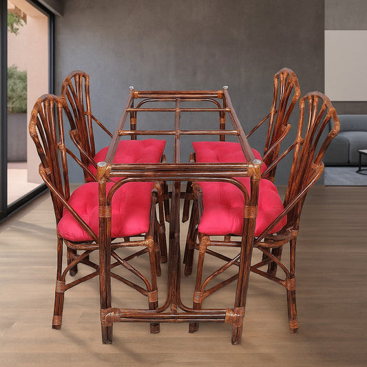 IRA Cane Dining Table Set with Wooden Frame – 4 Chairs + Cushions | Handcrafted Rattan Dining Furniture for Living Room, Balcony & Garden