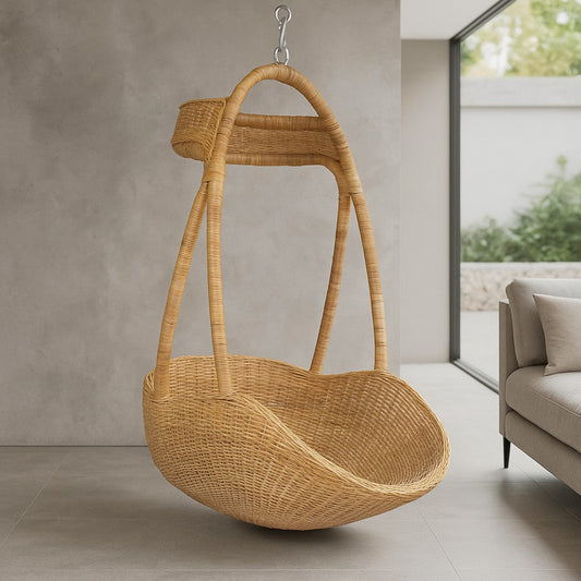 IRA Handwoven Cane Swing Chair for Balcony Adults | Natural Honey Finish Jhula Zula | Rattan Hanging Chair for Indoor & Outdoor