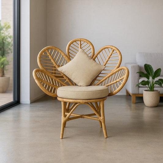 IRA Flower Vintage Rattan Chairs | Unique Handmade Cane Wooden Chairs for Living Room, Balcony & Home Decor | Boho Retro Accent Chairs