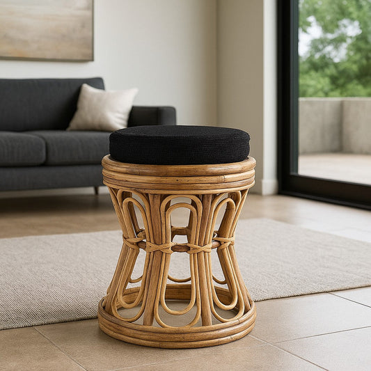 IRA Hand Carved Charming Wood Cushioned Stool, Brown