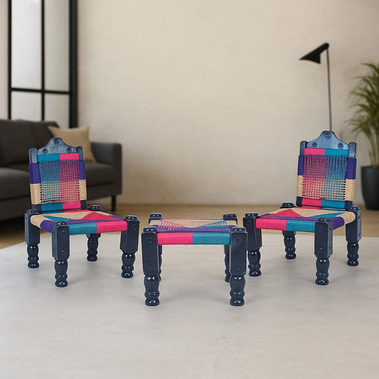 IRA High Wooden Back Foldable Chair & Khatli/Bajot Set Of 2 Chairs (Muti-Color)