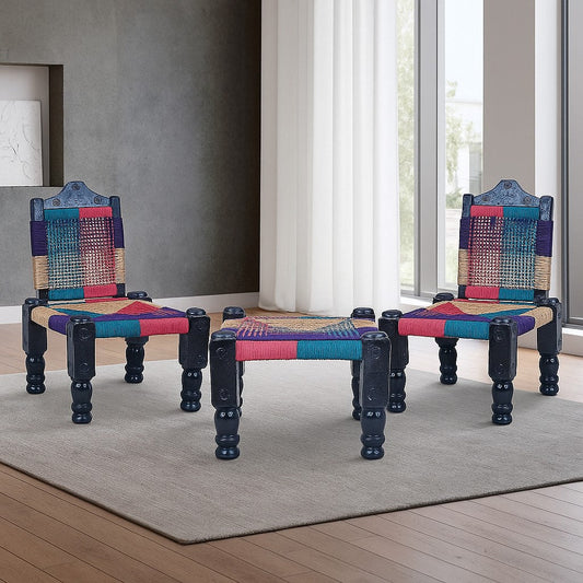 IRA High Wooden Back Foldable Chair & Khatli/Bajot Set Of 2 Chairs (Muti-Color)