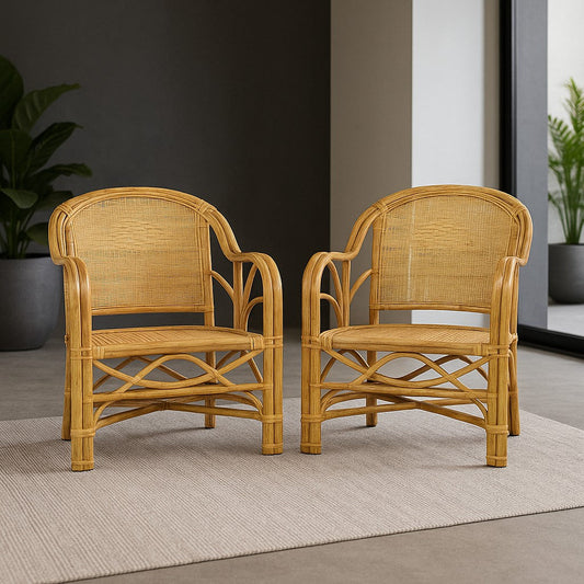 IRA Natural Rattan Armchair Chairs Set of 2 | Indoor & Covered Outdoor Lounge Seating with Cushions