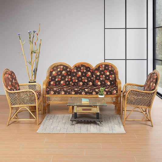 IRA Natural Rattan Cane 3 Seater Sofa Set and 2 Single Seater Chair with Cushions (Brown)