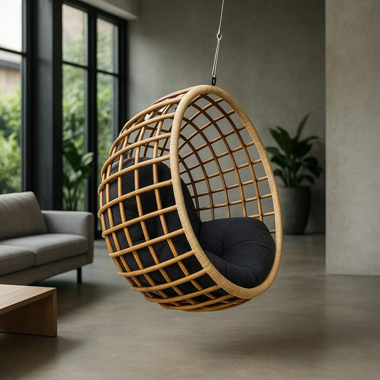 IRA Rattan Modern Round Swing Chair with Cushion | Hanging Egg Chair with Chain & Hooks for Balcony, Living Room, Garden & Patio