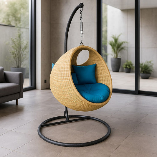 IRA Rattan Modern Round Swing Chair with Stand | Indoor Outdoor Hanging Chair with Cushion