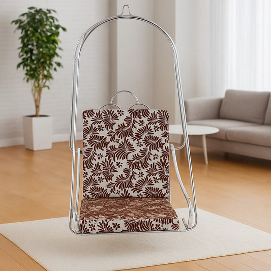 Steel Swing Chair Lifestyle View - IRA Furniture Brown Cushion Zula India