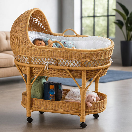 Natural Handcrafted Wicker Baby Bassinet with Cushion | Portable & Stylish Baby Bed