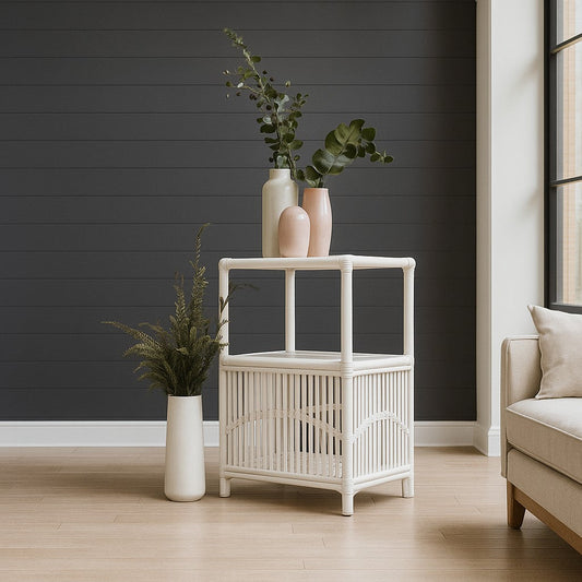 IRA White Rattan Bedside Table – Handcrafted Side Table with Storage Shelf (560x410x715 mm)