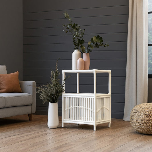 IRA White Rattan Bedside Table – Handcrafted Side Table with Storage Shelf (560x410x715 mm)