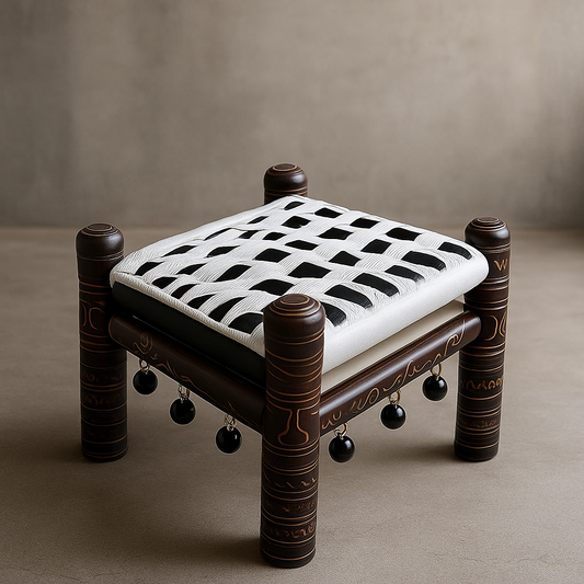 Chowki Khatli Chair Stool Bajot for Balcony Seating | Wooden Hand-Painted Rajasthani Design | White/Brown Color | Durable & Stylish Home Decor | Versatile Stool for Living Room, Balcony, & Garden
