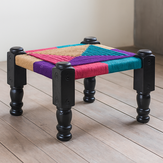 Chowki Khatli Chair Stool Bajot - Multicolor Wooden Garden or Balcony Chair | Handcrafted Rajasthani Design | Indoor & Outdoor Decor | 41x41x27 cm