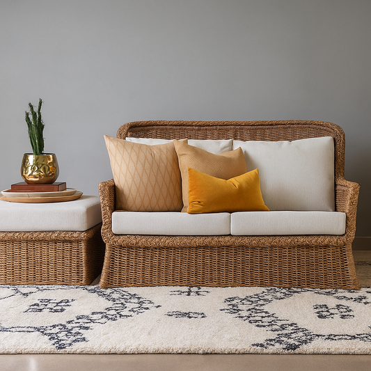 IRA 2 Seater Wooden Sofa Set for Living Room – Natural Color, Handwoven Rattan, Comfortable Seating, Fine Wicker Furniture, Ideal for Home Décor