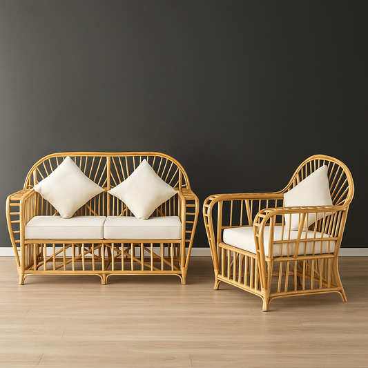 IRA 2-Seater Sofa & Armchair Set for Living Room, Balcony, Office & Garden | Natural Rattan Wicker Seating | Cushions Included, Customizable | Durable Timber Frame