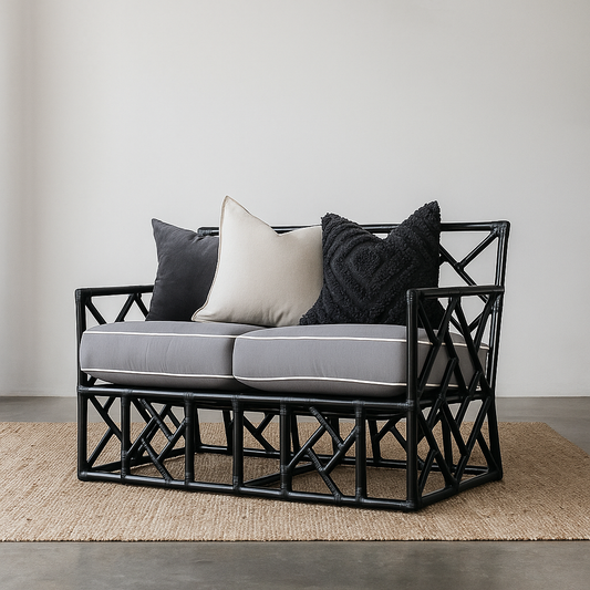 IRA 2-Seater Black Sofa Set Day Bed | Wooden Sofa for Living Room, Bedroom, Hotels & Resorts | Indoor & Outdoor Furniture | Durable Rattan Wicker Design
