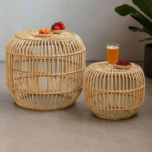 Cane Art Rattan Modern Round Table Set | Natural Cane Material | Customizable | High-Quality | 2-Piece Set (Small & Large) | Durable & Stylish Tables for Home & Office