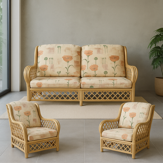 IRA 4 Seater Full Suite Sofa - Natural Rattan Cane 2 Seater + 2 Single Seater Chairs with Cushions - Comfortable & Stylish Wicker Furniture Set