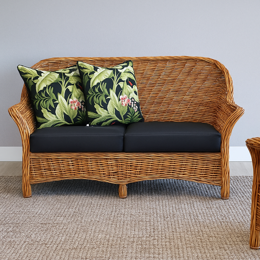 IRA 2-Seater Handwoven Wooden Sofa | Brown Wash Wicker Furniture for Living Room, Bedroom, Garden, Patio | Comfortable Seating with Cushions | Modern Design | Outdoor & Indoor Use