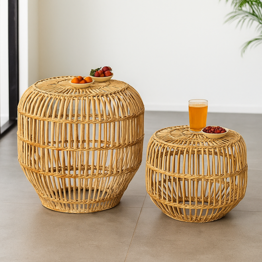 Cane Art Rattan Modern Round Table Set | Natural Cane Material | Customizable | High-Quality | 2-Piece Set (Small & Large) | Durable & Stylish Tables for Home & Office