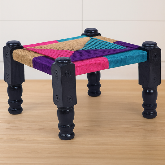 Chowki Khatli Chair Stool Bajot - Multicolor Wooden Garden or Balcony Chair | Handcrafted Rajasthani Design | Indoor & Outdoor Decor | 41x41x27 cm