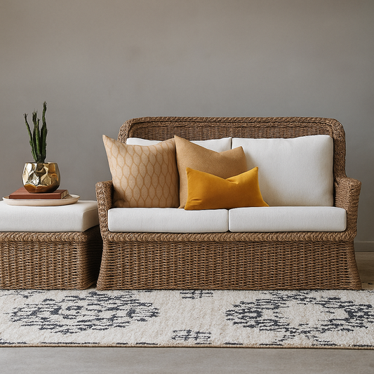 IRA 2 Seater Wooden Sofa Set for Living Room – Natural Color, Handwoven Rattan, Comfortable Seating, Fine Wicker Furniture, Ideal for Home Décor