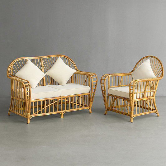 IRA 2-Seater Sofa & Armchair Set for Living Room, Balcony, Office & Garden | Natural Rattan Wicker Seating | Cushions Included, Customizable | Durable Timber Frame