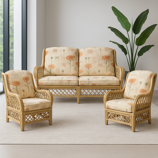 IRA 4 Seater Full Suite Sofa - Natural Rattan Cane 2 Seater + 2 Single Seater Chairs with Cushions - Comfortable & Stylish Wicker Furniture Set