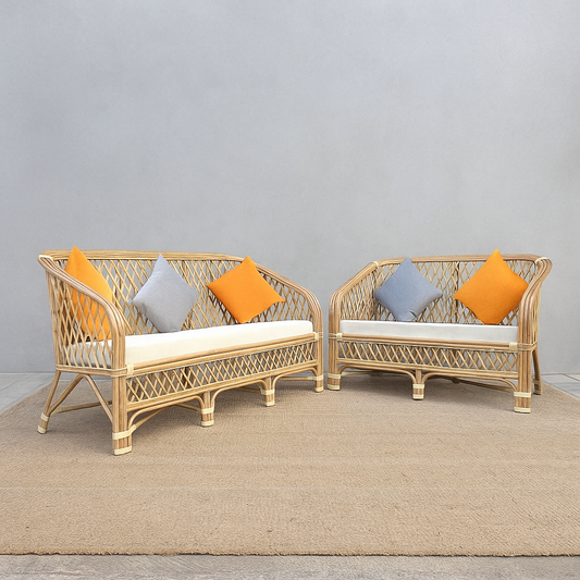 IRA 5-Seater Sofa Set with Cushions (3+2 Seater) - Natural Rattan Cane Sofa Set - Wicker Furniture for Living Room & Outdoor Use