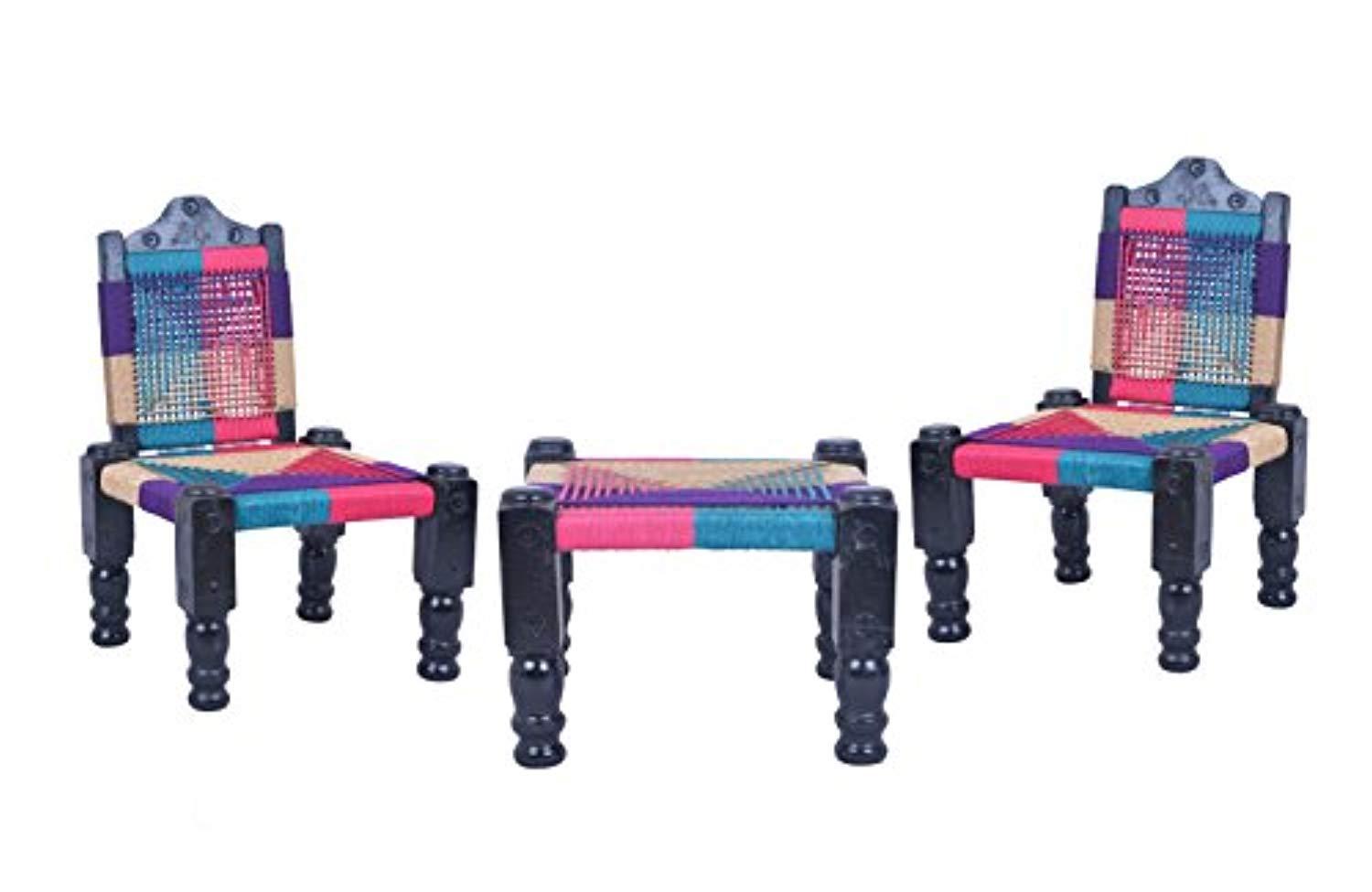 IRA High Wooden Back Foldable Chair & Khatli/Bajot Set Of 2 Chairs (Muti-Color) - IRA Furniture