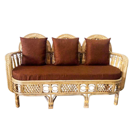 IRA Wooden Sofa (Natural) | Handmade Cane & Wicker Wooden Sofa with Cushions