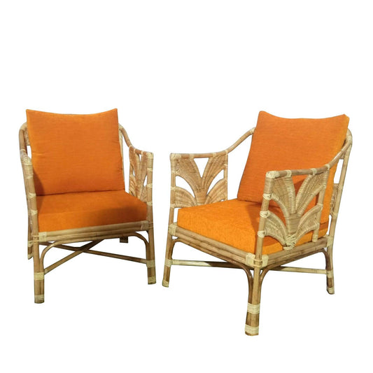 IRA Vintage Rattan Armchairs – Set of 2 | Natural Cane Wooden Chairs with Cushions | Handmade Boho Living Room & Balcony Chairs | Customizable
