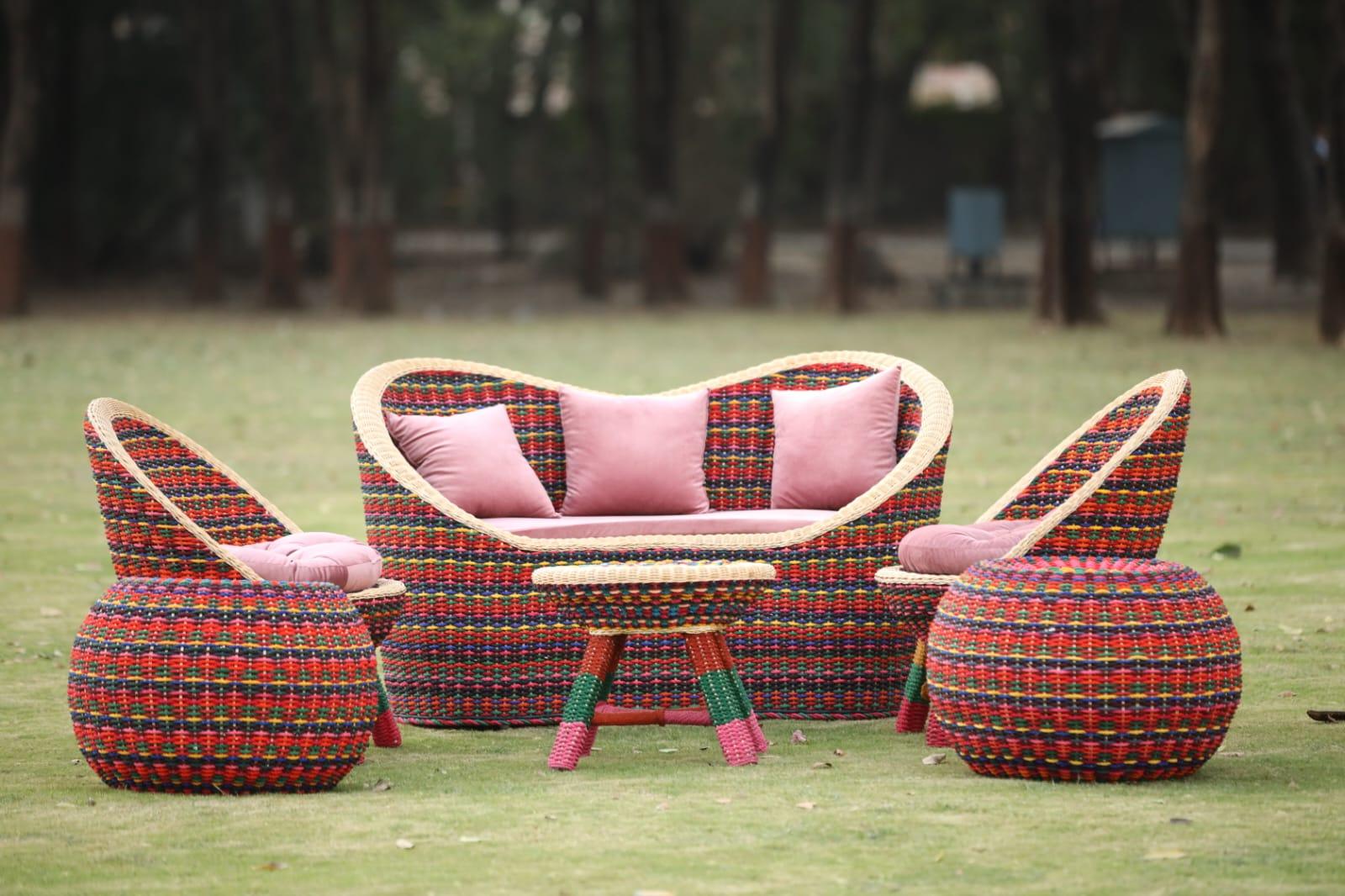 IRA Boho Design Colorful Cane Rattan Furniture Set Seater Sofa
