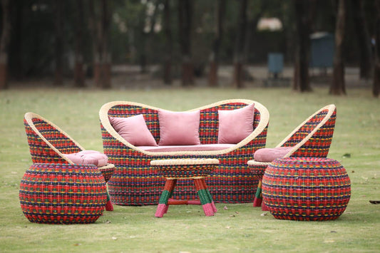 IRA Boho Design Colorful Cane Rattan Furniture Set | 2 Seater Sofa, 2 Chairs, Center Table & 2 Ottomans | Customizable Living Room & Patio Furniture