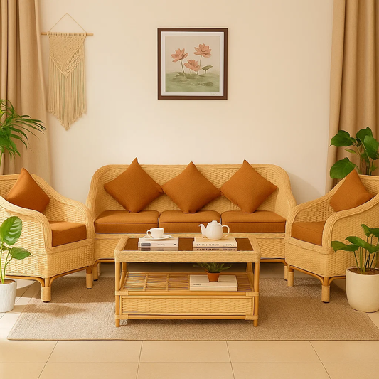 IRA Cane 5-Seater Sofa Set with Cushions (3+1+1) and Center Table - Comfortable & Spacious Living Room Sofa Set