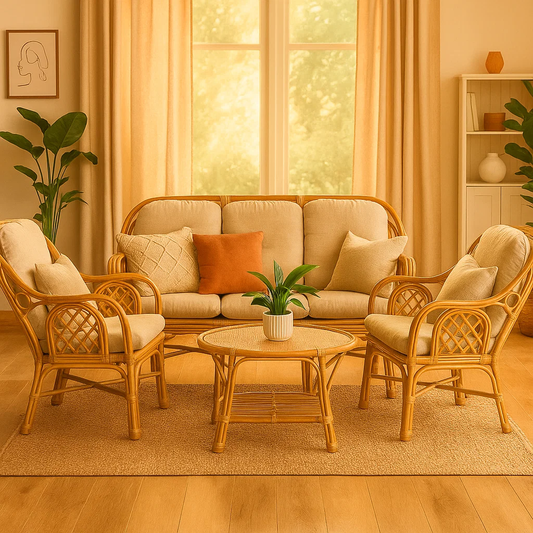 IRA Wooden Furniture Online – Sofa Set with Center Table | Retro Cane Sofa Set (Beige, 1 Three Seater + 2 Single Seaters + 1 Center Table)