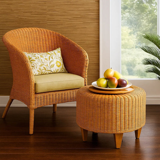 IRA Wooden Tea Table Set with Chair – Glossy Finish, Honey Polish | Modern Wooden Table & Chair for Home & Balcony